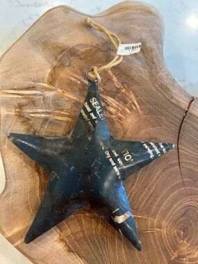 Reclaimed unique blue metal star ornament